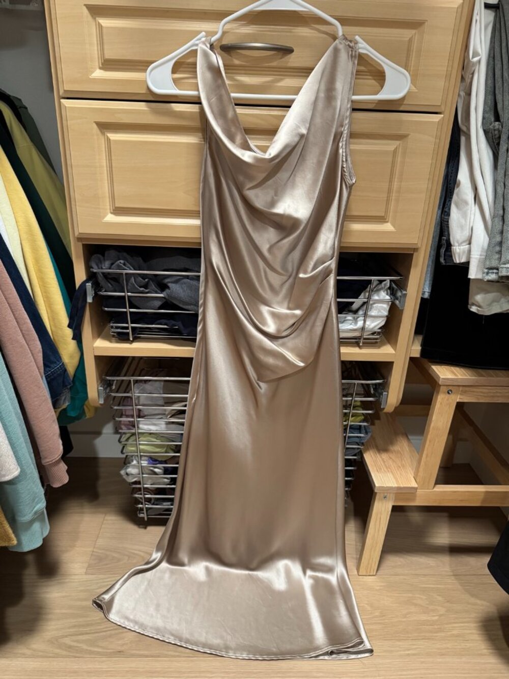 Champagne Satin Slip Dress with Cowl Back S